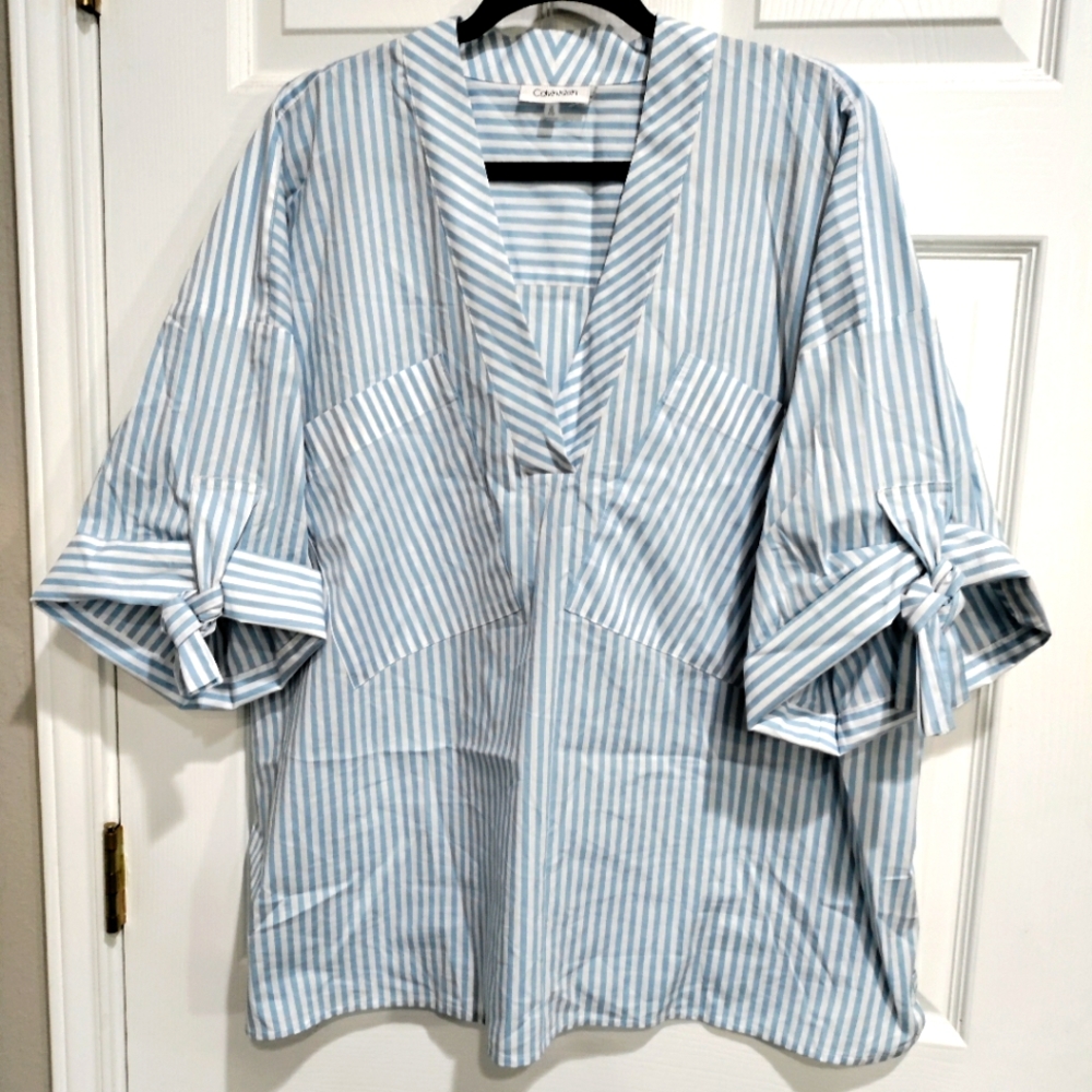 CALVIN KLEIN baby blue & white striped blouse EUC Like New